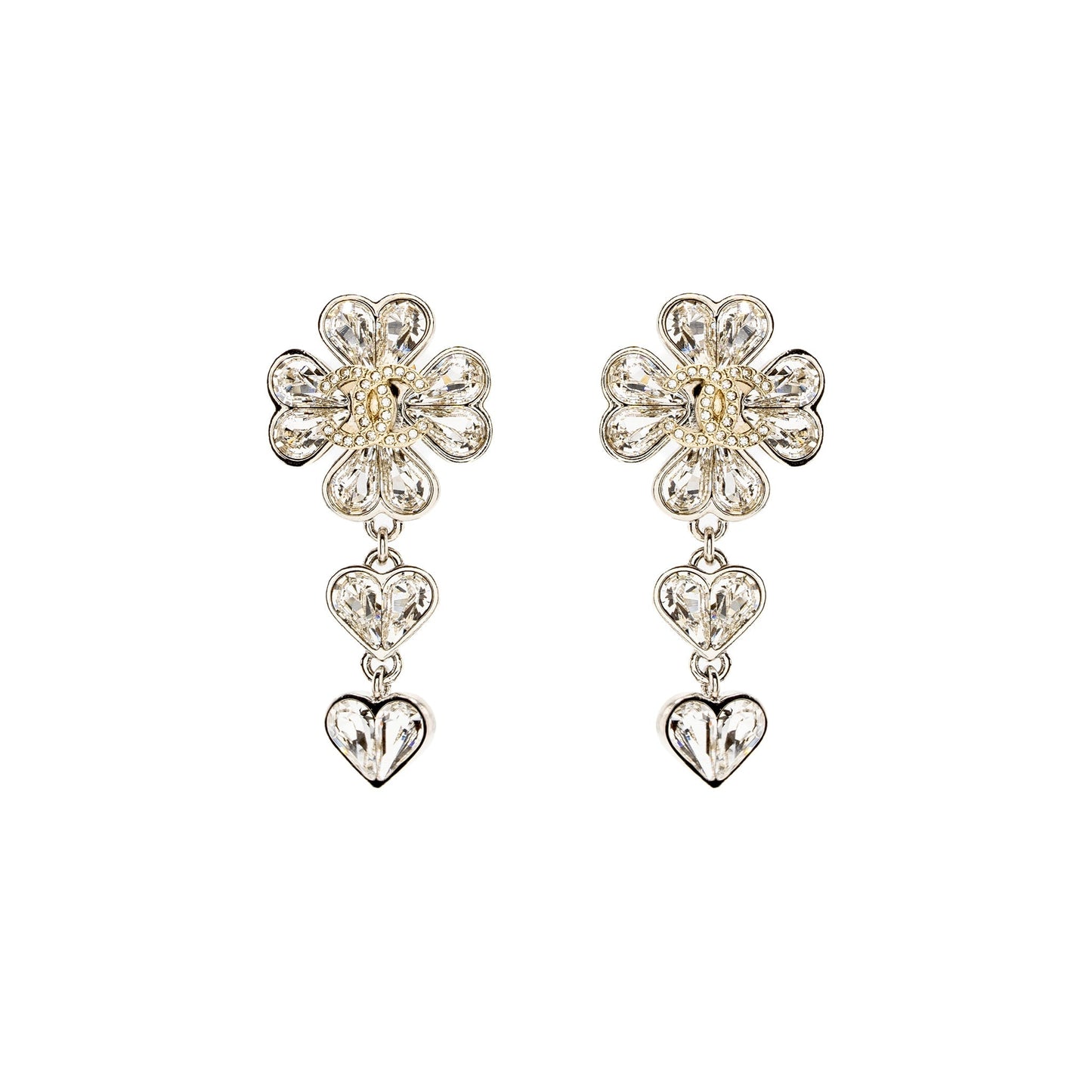 Chanel CC Clover Heart Drop Earrings Crystal Silver Tone