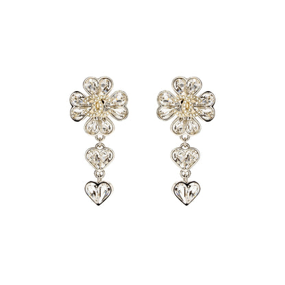 Chanel CC Clover Heart Drop Earrings Crystal Silver Tone