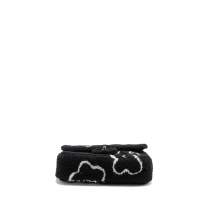 Chanel 22A Fluffy Camellia Flap Bag Embroidered Shearling Lambskin Black / White SHW (Microchip)