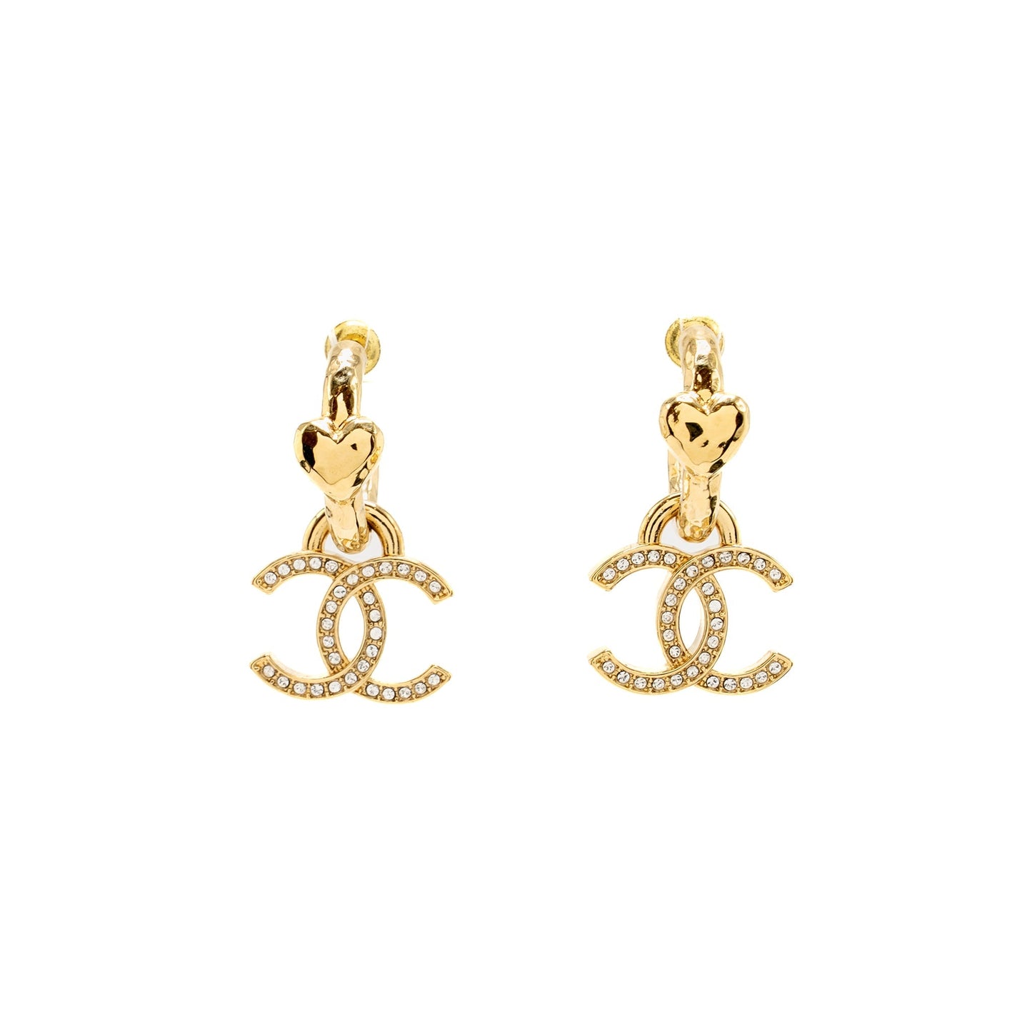 Chanel CC Drop Heart Hoop Earrings Crystal Gold Tone