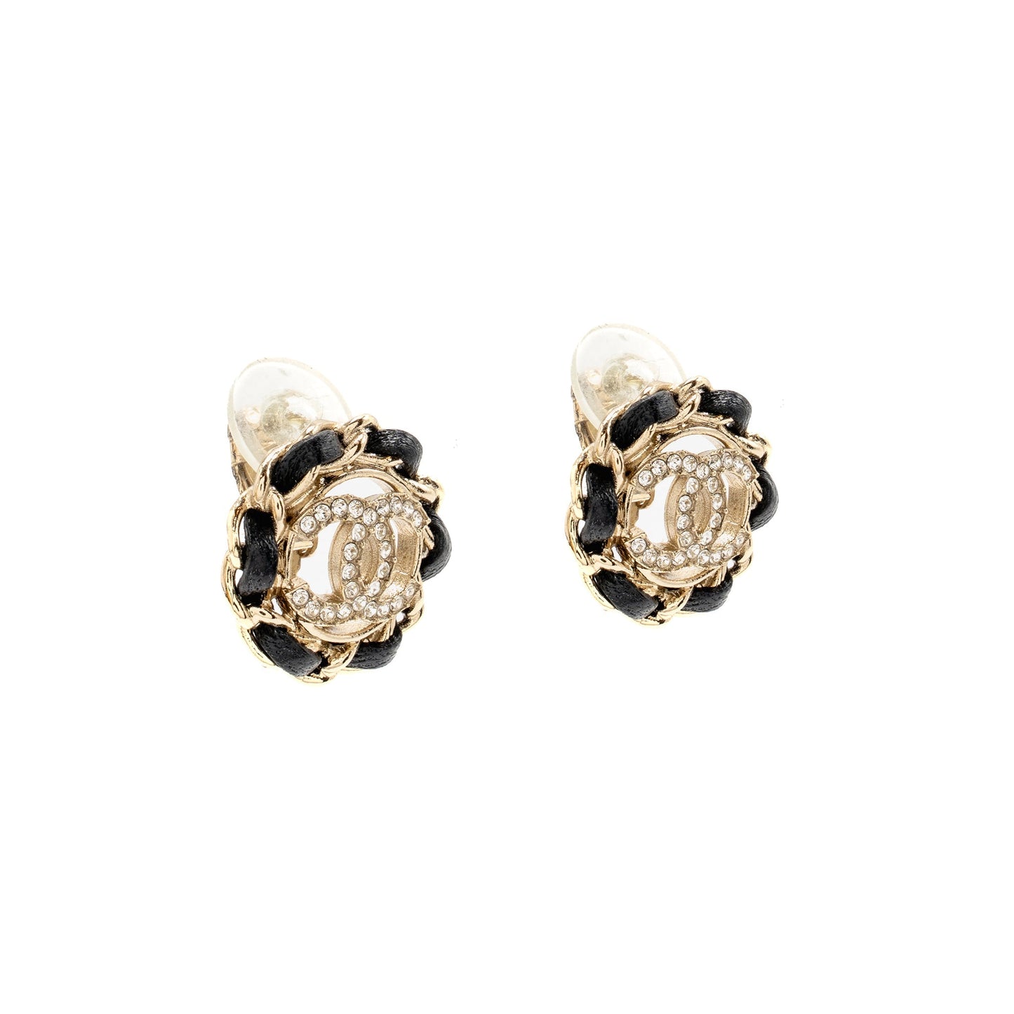 Chanel leather chain round cc logo ear clips light gold tone