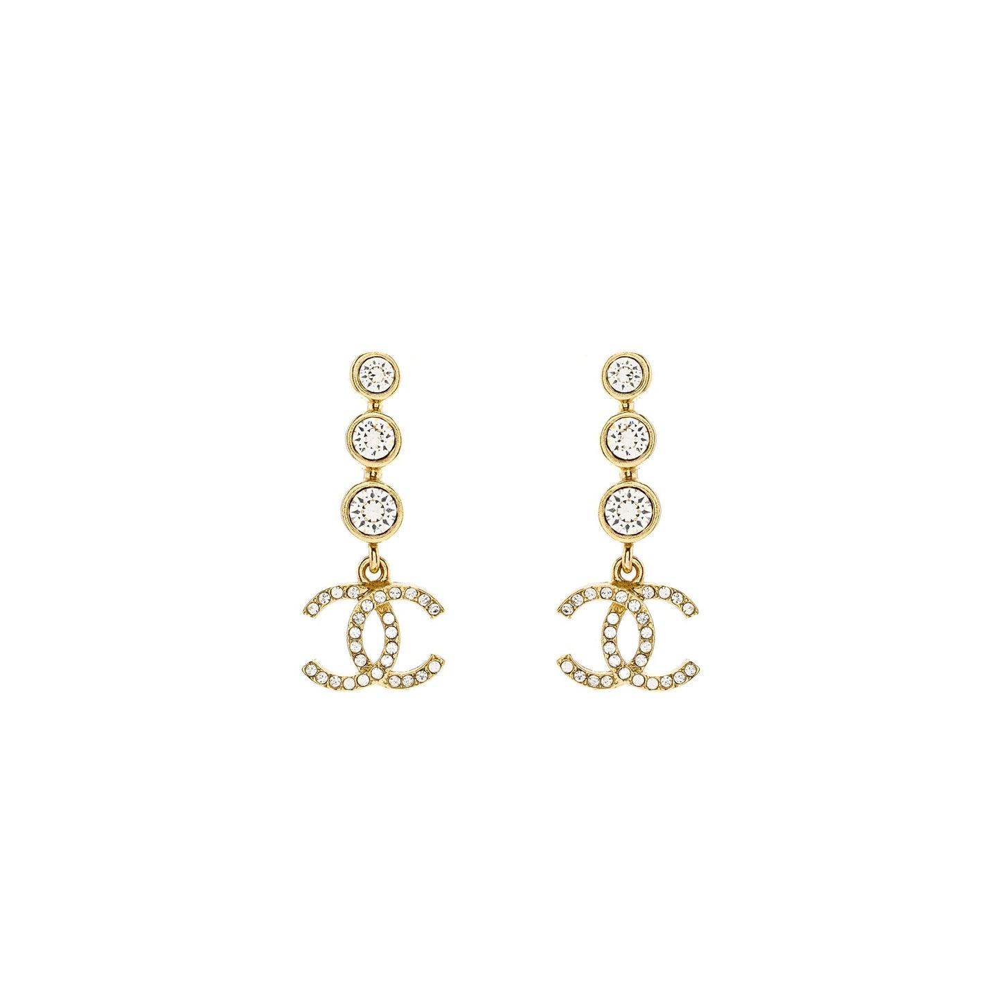 Chanel CC Logo Dropped Earrings Crystal Light Gold Tone