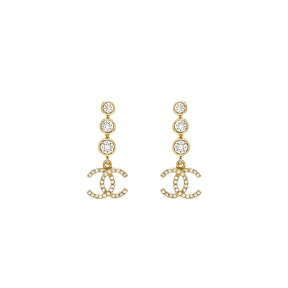 Chanel CC Logo Dropped Earrings Crystal Light Gold Tone