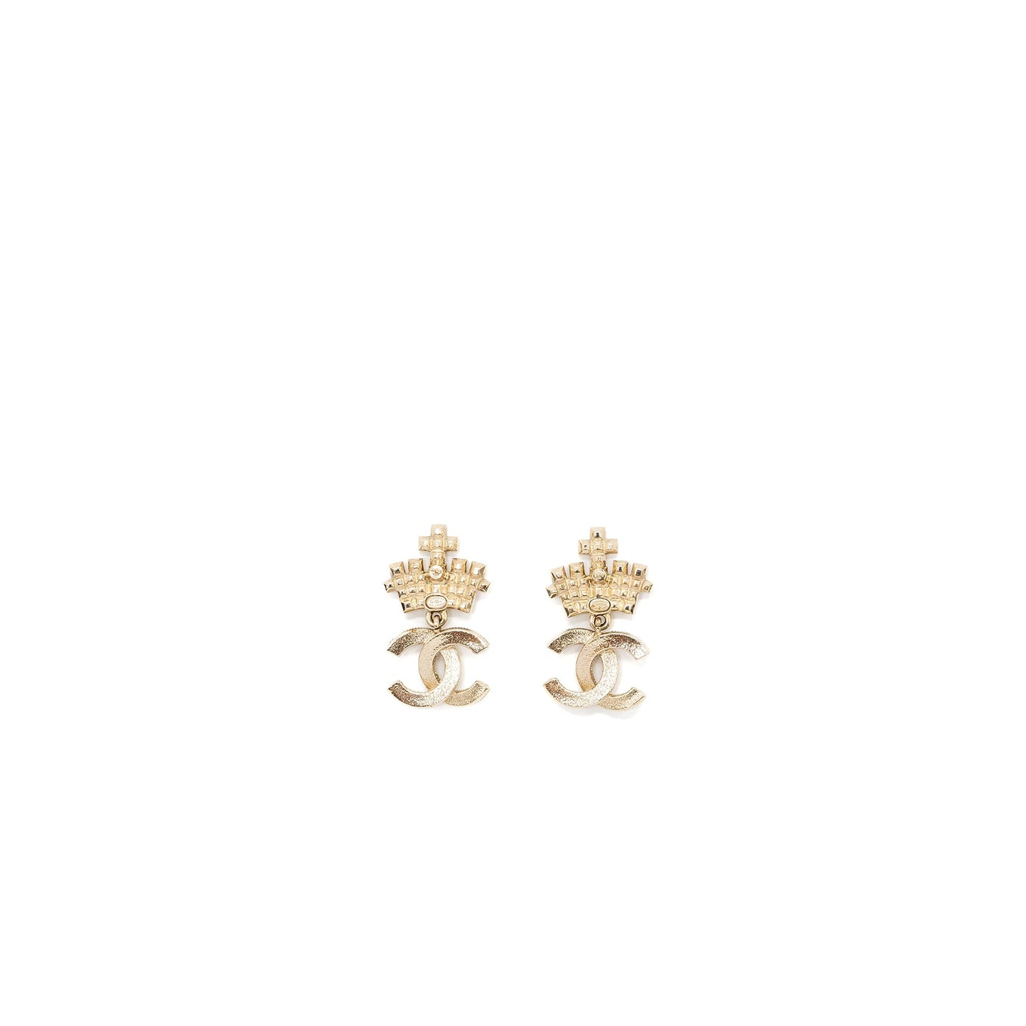 Chanel CC Logo Drop Crown Earrings Crystal/Pearl Light Gold Tone