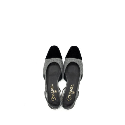 Chanel Size 37 Sling Back Flat Shoes Felt/Velvet Grey/Black