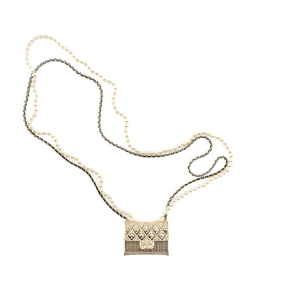 Chanel Micro Bag Necklace Pearl/ Leather Chain LGHW