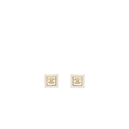 Chanel Square and CC logo earrings white gold tone