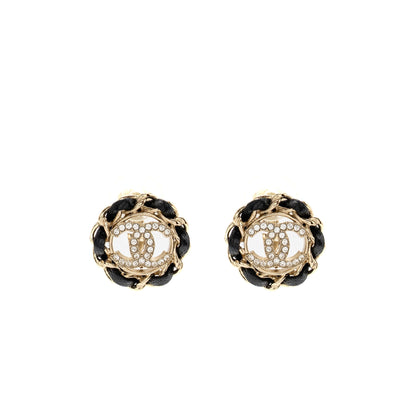 Chanel leather chain round cc logo ear clips light gold tone