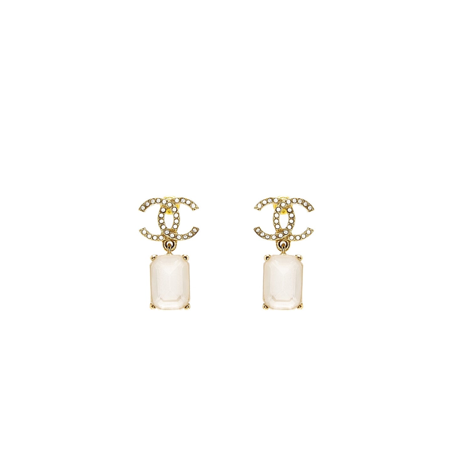 Chanel CC Logo Square Drop Earrings with Crystal Light Gold Tone