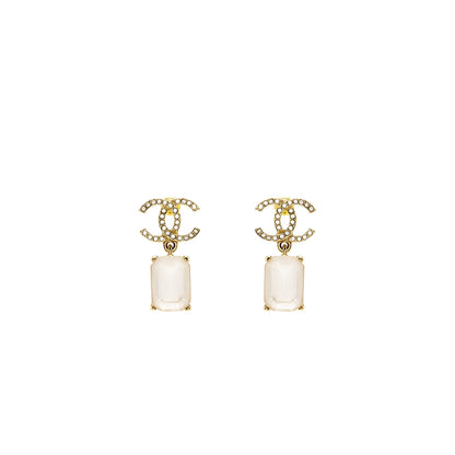 Chanel CC Logo Square Drop Earrings with Crystal Light Gold Tone