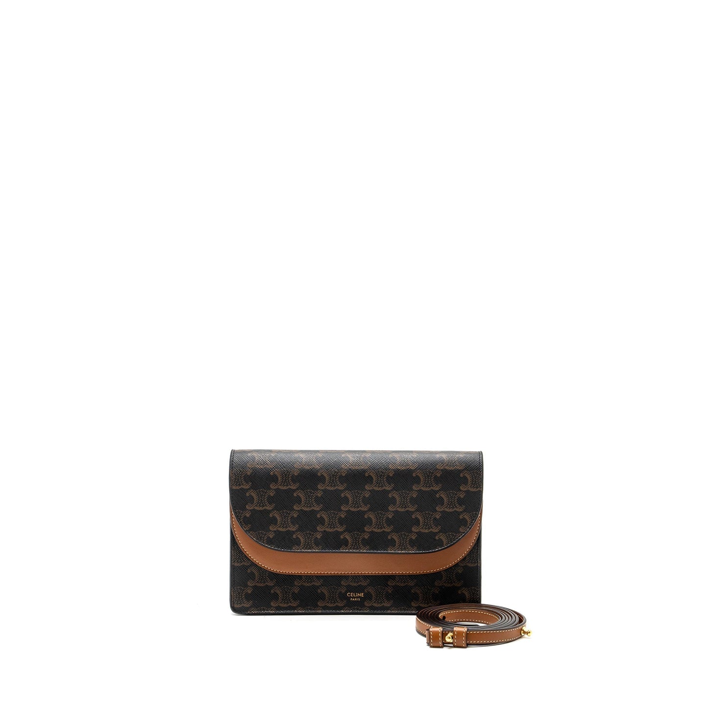 Luxury CELINE wallet on strap triomphe canvas / lambskin tan