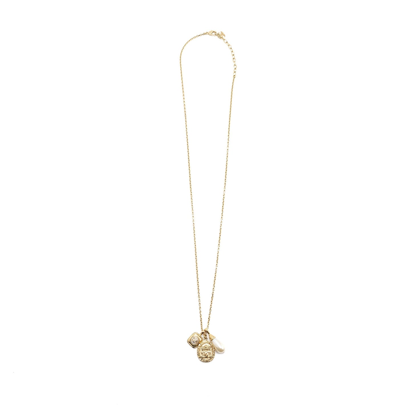 Chanel 21A Metal Plate Crystal Necklace Brushed Gold Tone