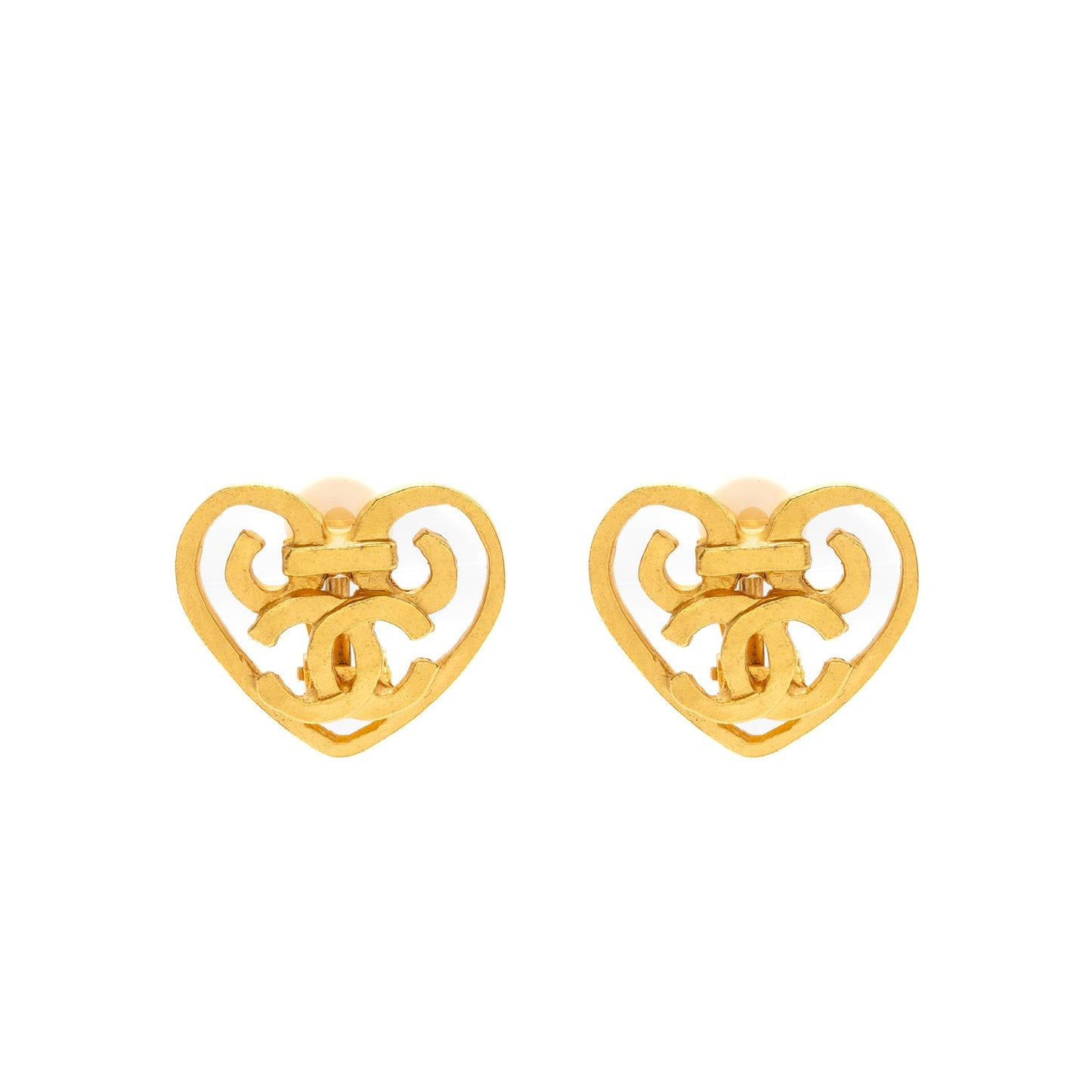 Chanel Vintage Heart Shape CC Logo Ear Clips Gold Tone