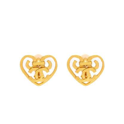 Chanel Vintage Heart Shape CC Logo Ear Clips Gold Tone