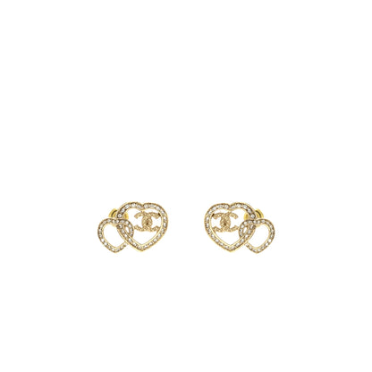 Chanel Double Heart CC Earrings Crystal Light Gold Tone