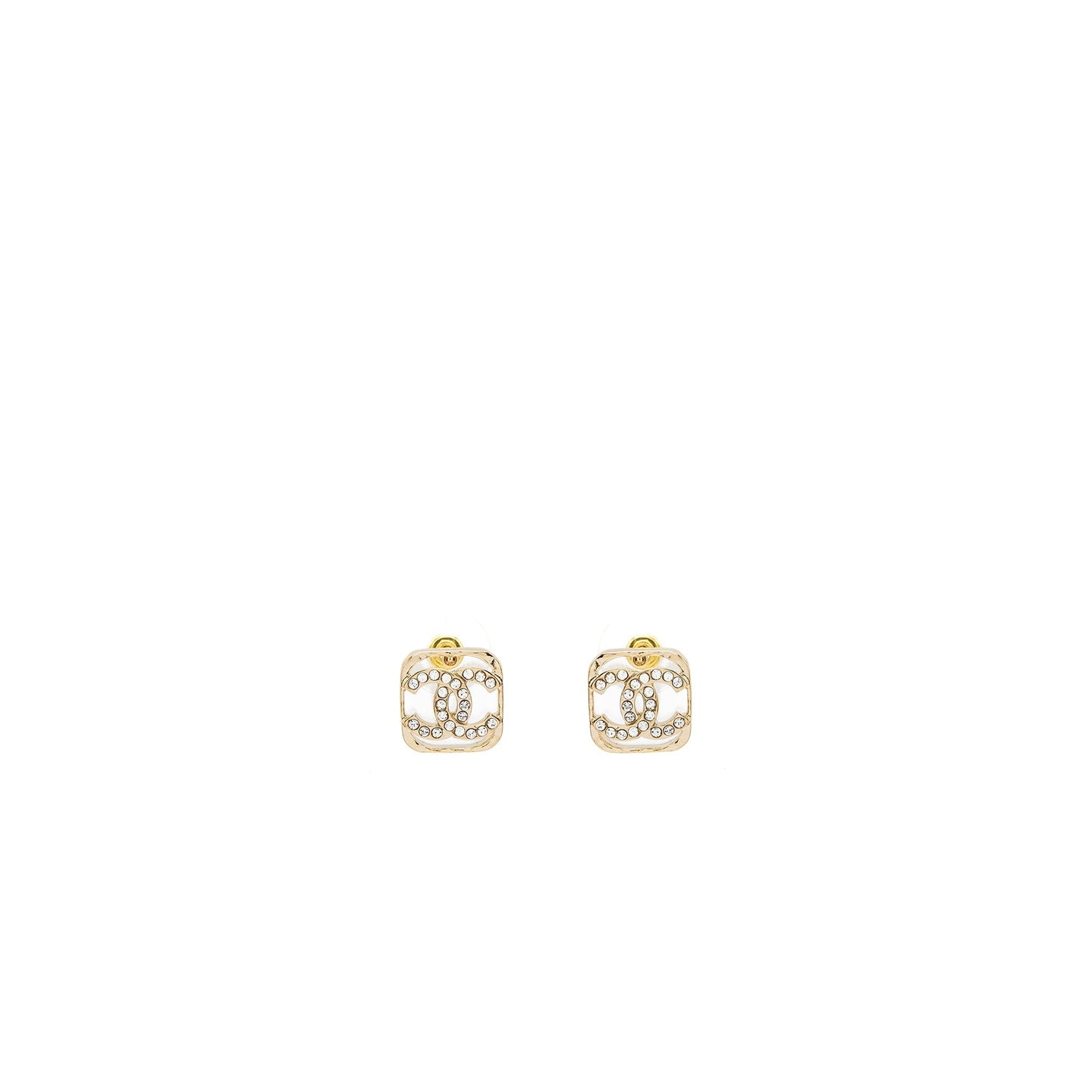 Chanel Square CC Logo Earrings Crystal Light Gold Tone