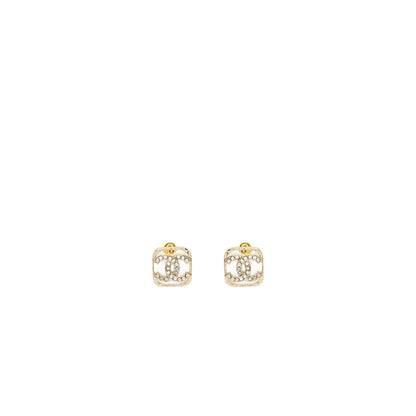 Chanel Square CC Logo Earrings Crystal Light Gold Tone