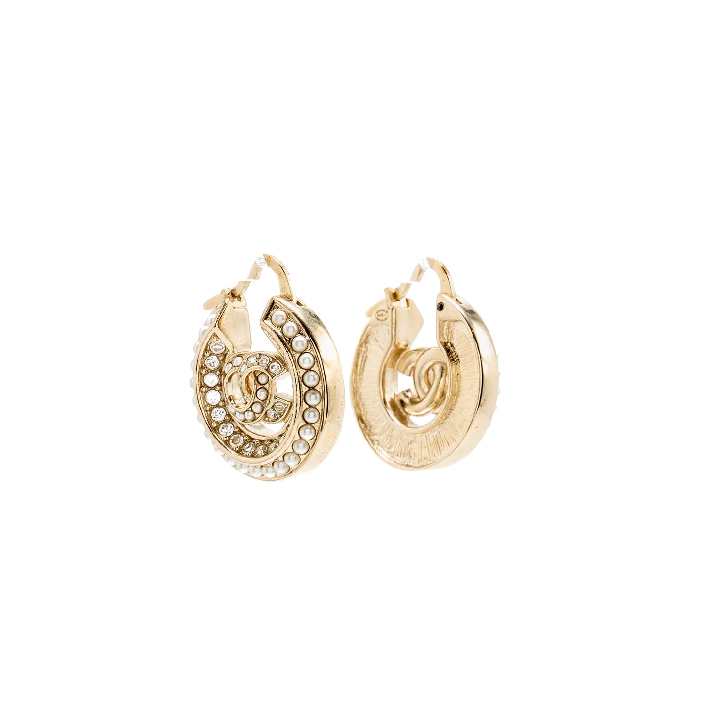 Chanel CC Hoop Earrings Pearl/Crystal Light Gold Tone