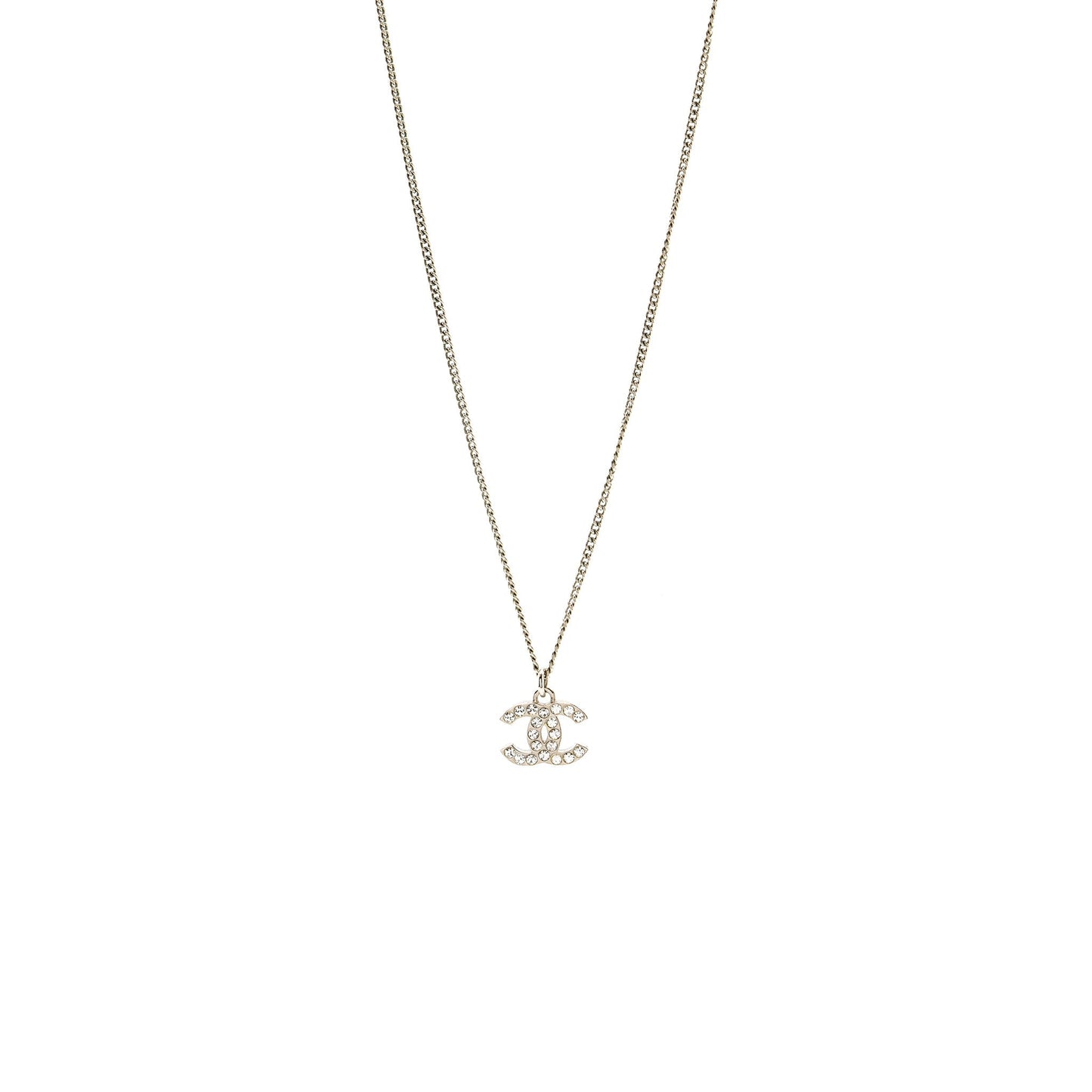 Chanel CC Logo Necklace Crystal Silver Tone