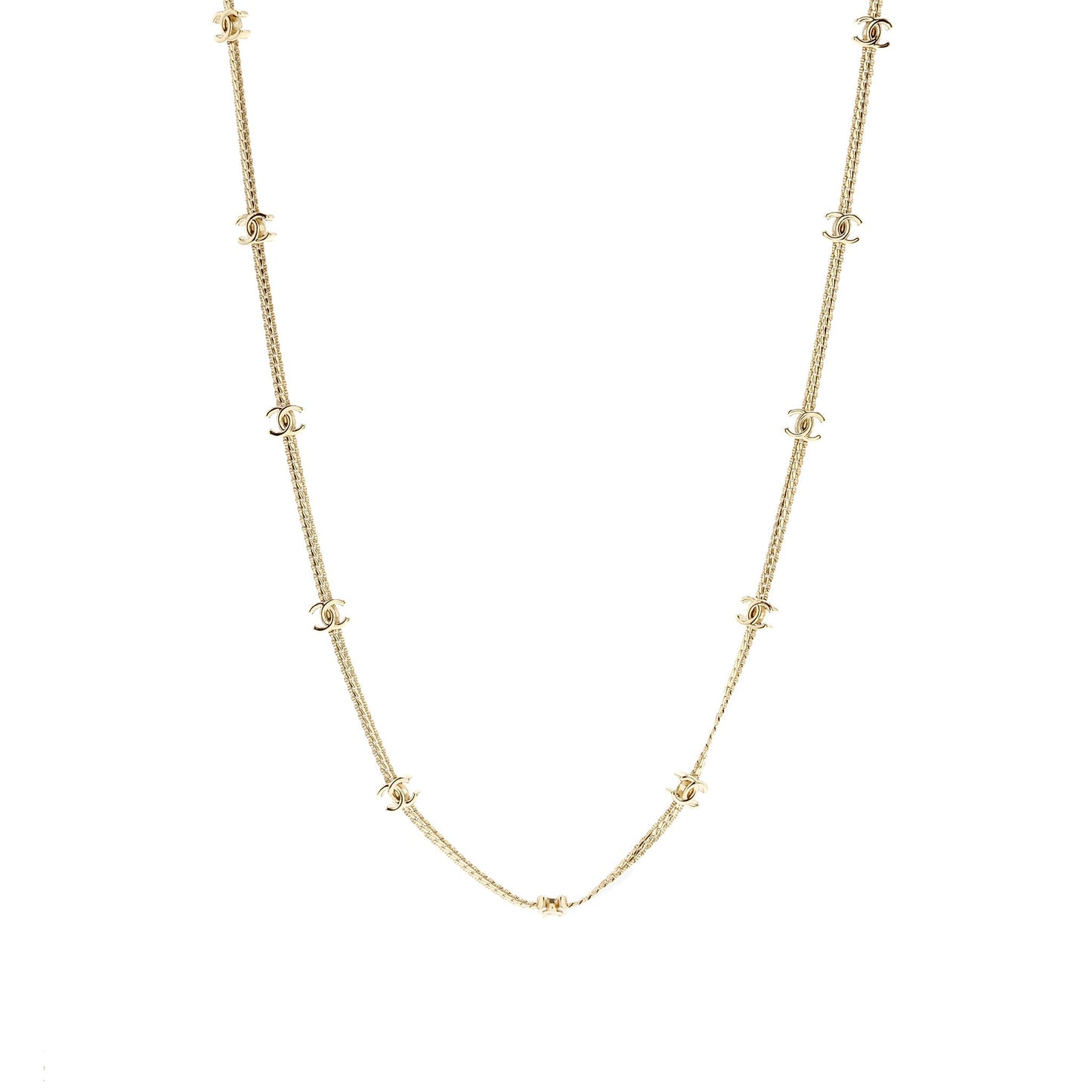 Chanel CC Logo Long Necklace Light Gold Tone