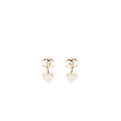 Chanel CC Logo Heart Drop Earclips Light Gold Tone
