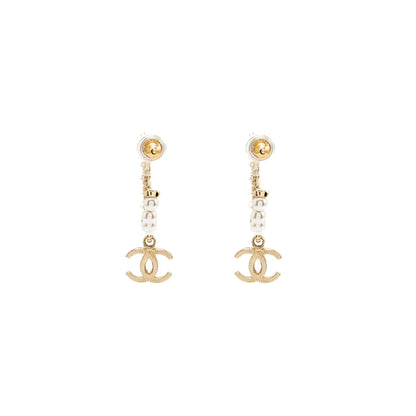 Chanel CC Drop Hoop Earrings Pearl Light Gold Tone