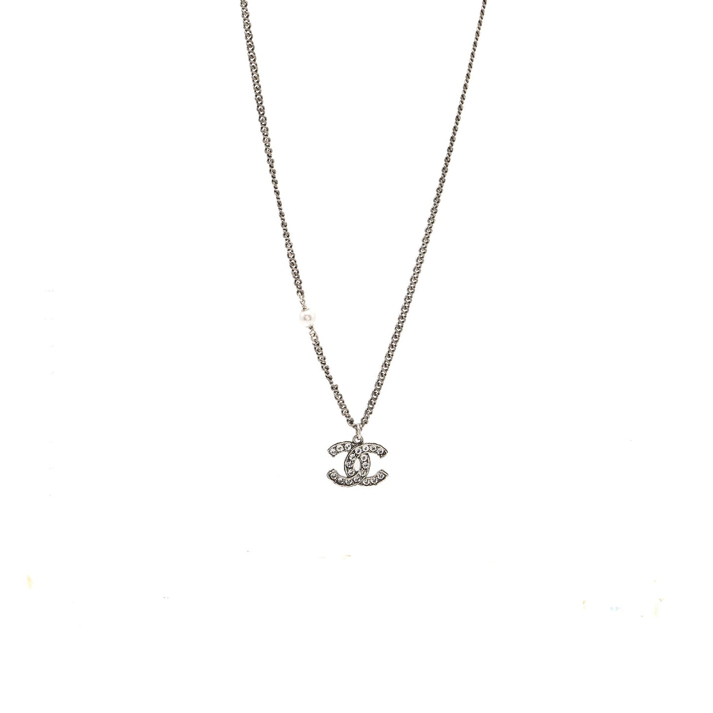 Chanel cc logo necklace crystal/pearl ruthenium hardware