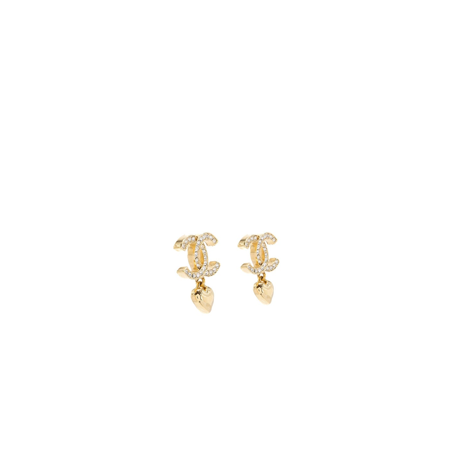 Chanel CC Logo Heart Earrings Crystal GHW