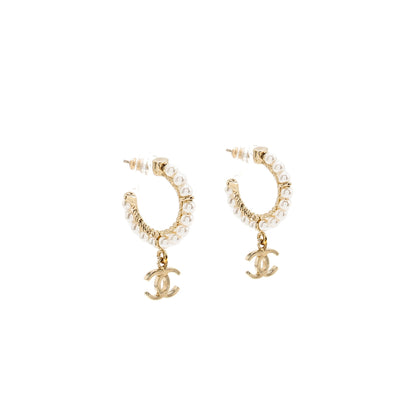 Chanel CC Drop Hoop Earrings Pearl Light Gold Tone