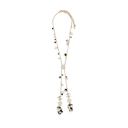 Chanel CC Camellia Grape Long Necklace Pearl/Crystal/Black Beads Light Gold Tone