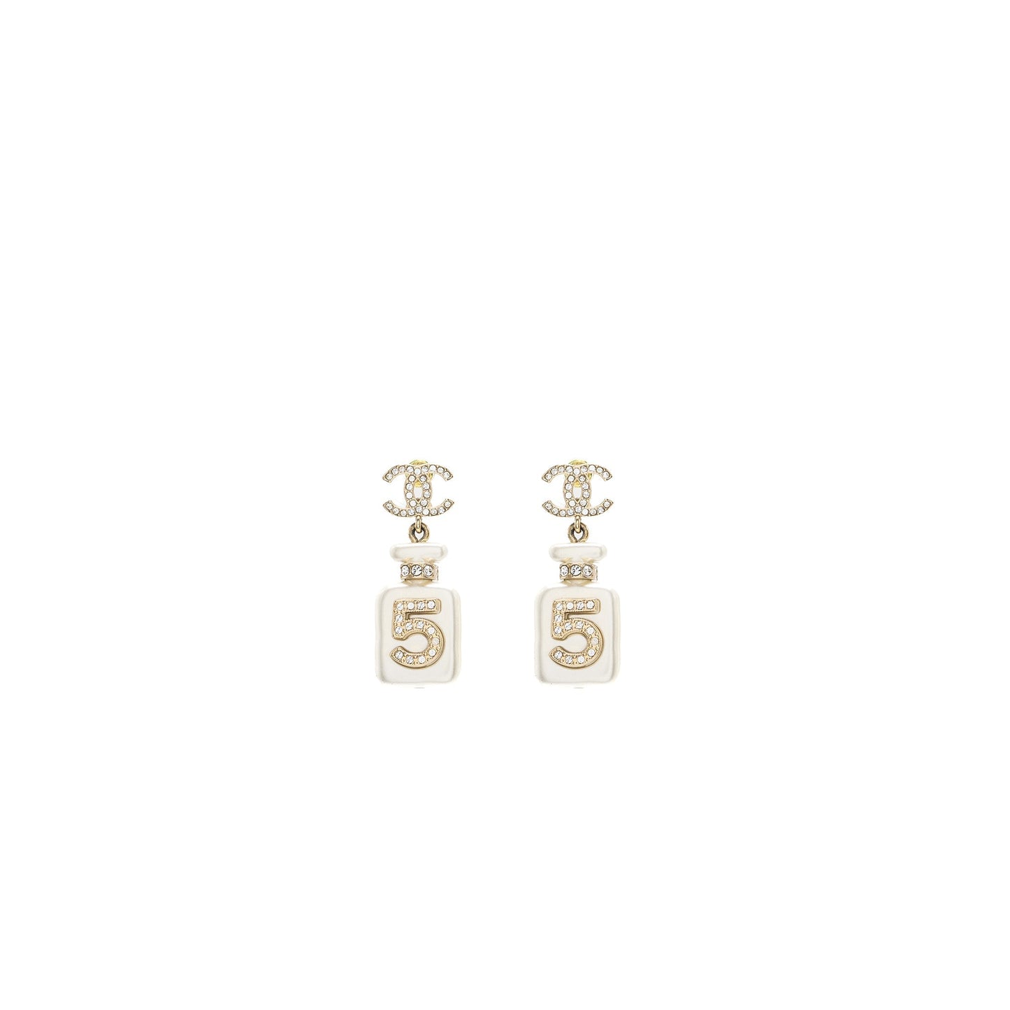 Chanel No.5 Perfume Bottle Earrings Crystal Light Gold Tone