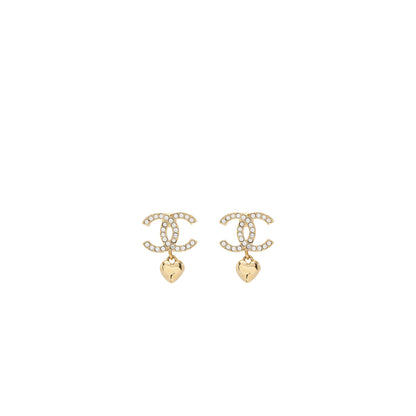 Chanel CC Logo Heart Earrings Crystal GHW