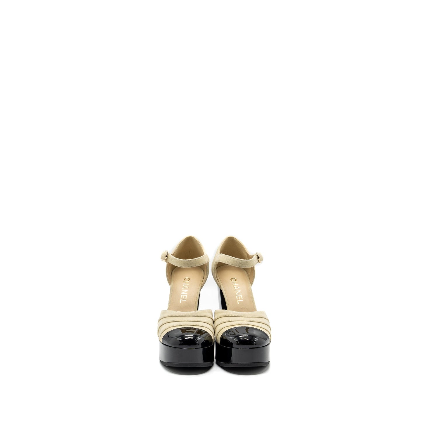 Chanel Size 38 open High Platform Shoe suede / Paten / Calfskin Ivroy  / Black GHW