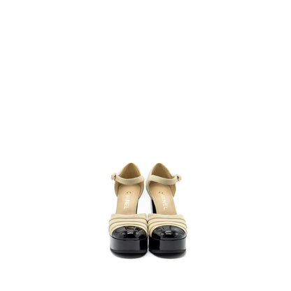 Chanel Size 38 open High Platform Shoe suede / Paten / Calfskin Ivroy  / Black GHW