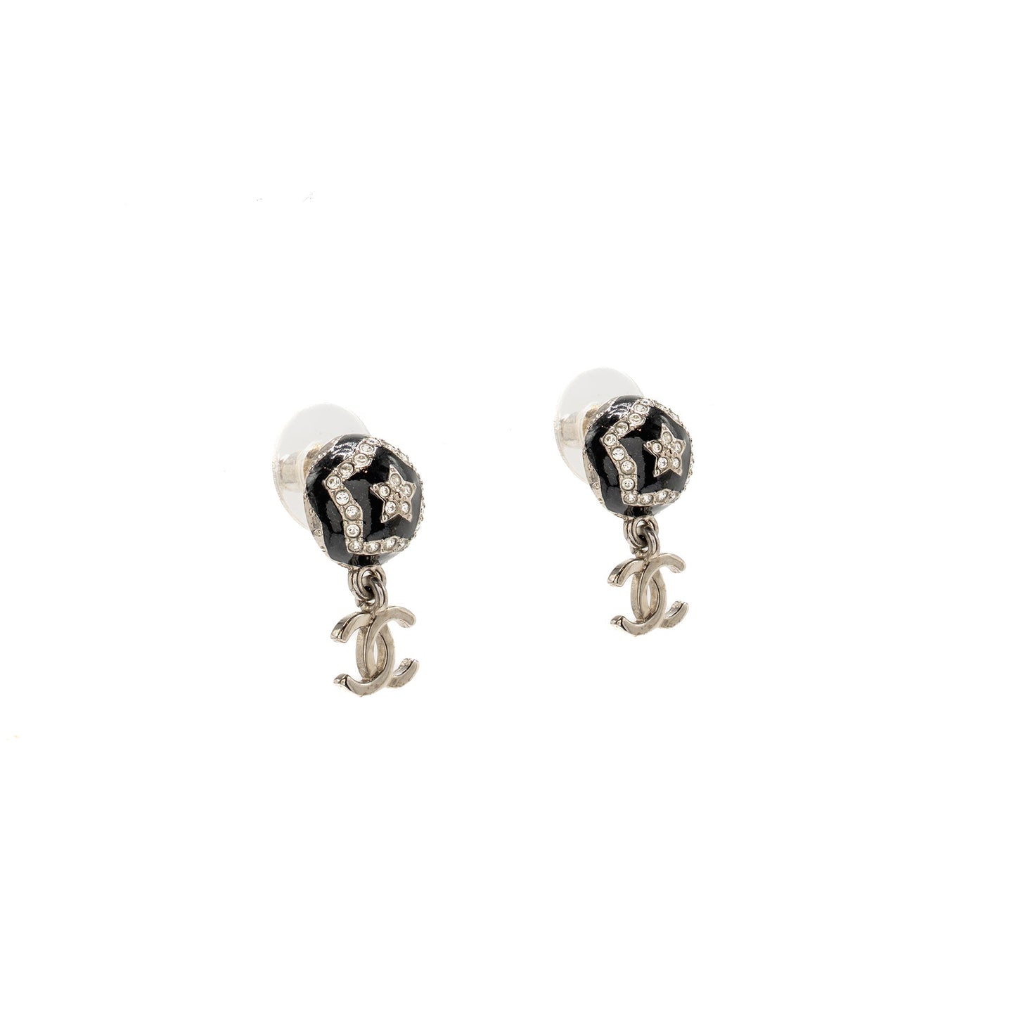 Chanel 23K CC Drop Round Star Earrings Crystal Black Silver Tone