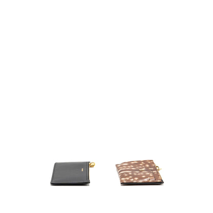 Burberry Brown Deer Print Zip Card Case, Leather Black Zip Card Holder (sell in a set)