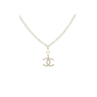 Chanel CC Logo Drop Chocker Crystal/Pearl Light Gold Tone