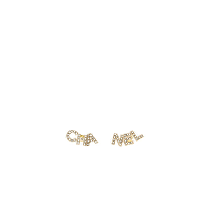 Chanel Crystal Letter Logo Earring Light Gold Tone