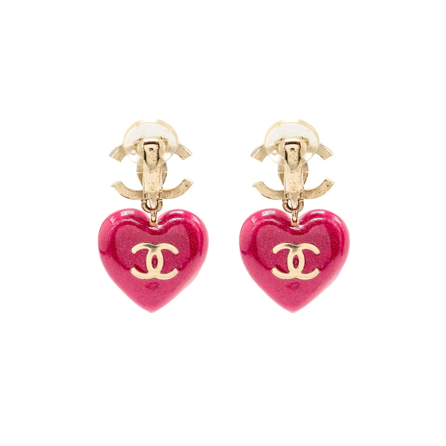 Chanel double face Pink Crystal heart dropped cc logo ear clips light gold tone