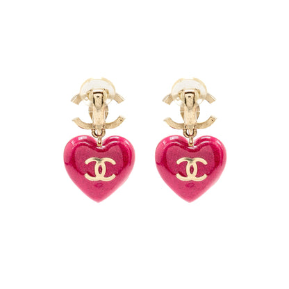 Chanel double face Pink Crystal heart dropped cc logo ear clips light gold tone