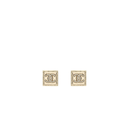 Chanel square CC Logo earring with crystal Light Gold Tone