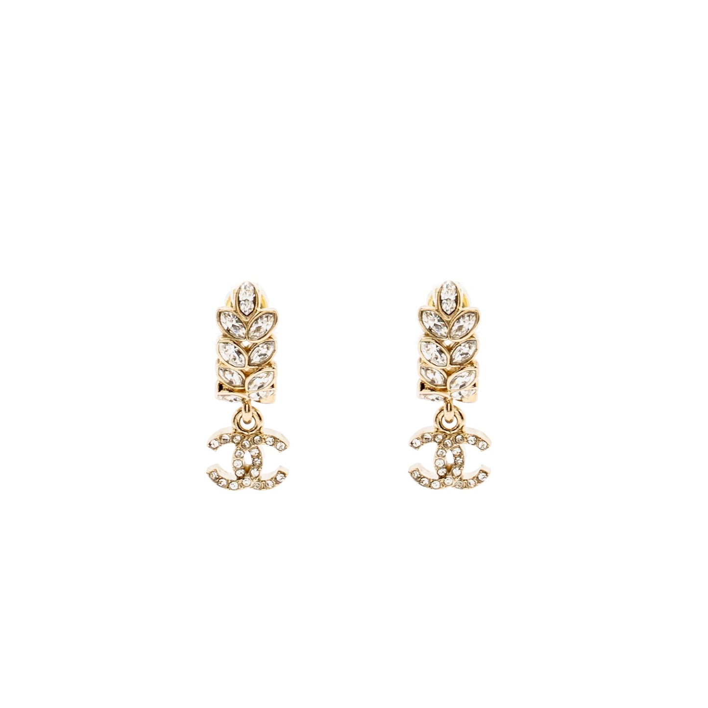 Chanel Sparkling Wheat CC Drop Earrings Crystal Light Gold Tone