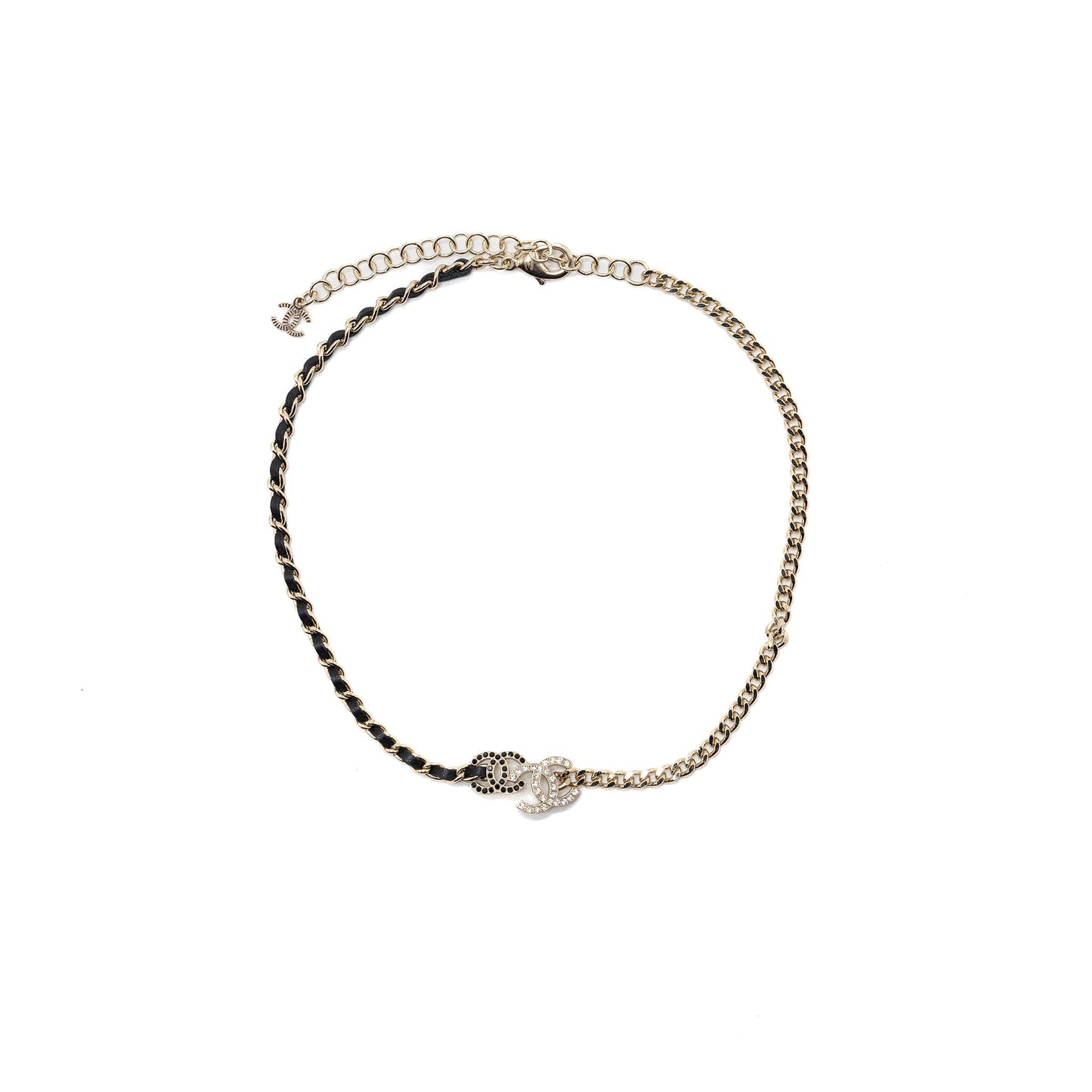 Chanel 23a Double CC Logo Chocker Crystal/Leather Chain Light Gold Tone
