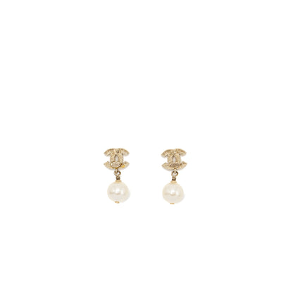Chanel small model cc logo with pearl drop earrings light gold tone