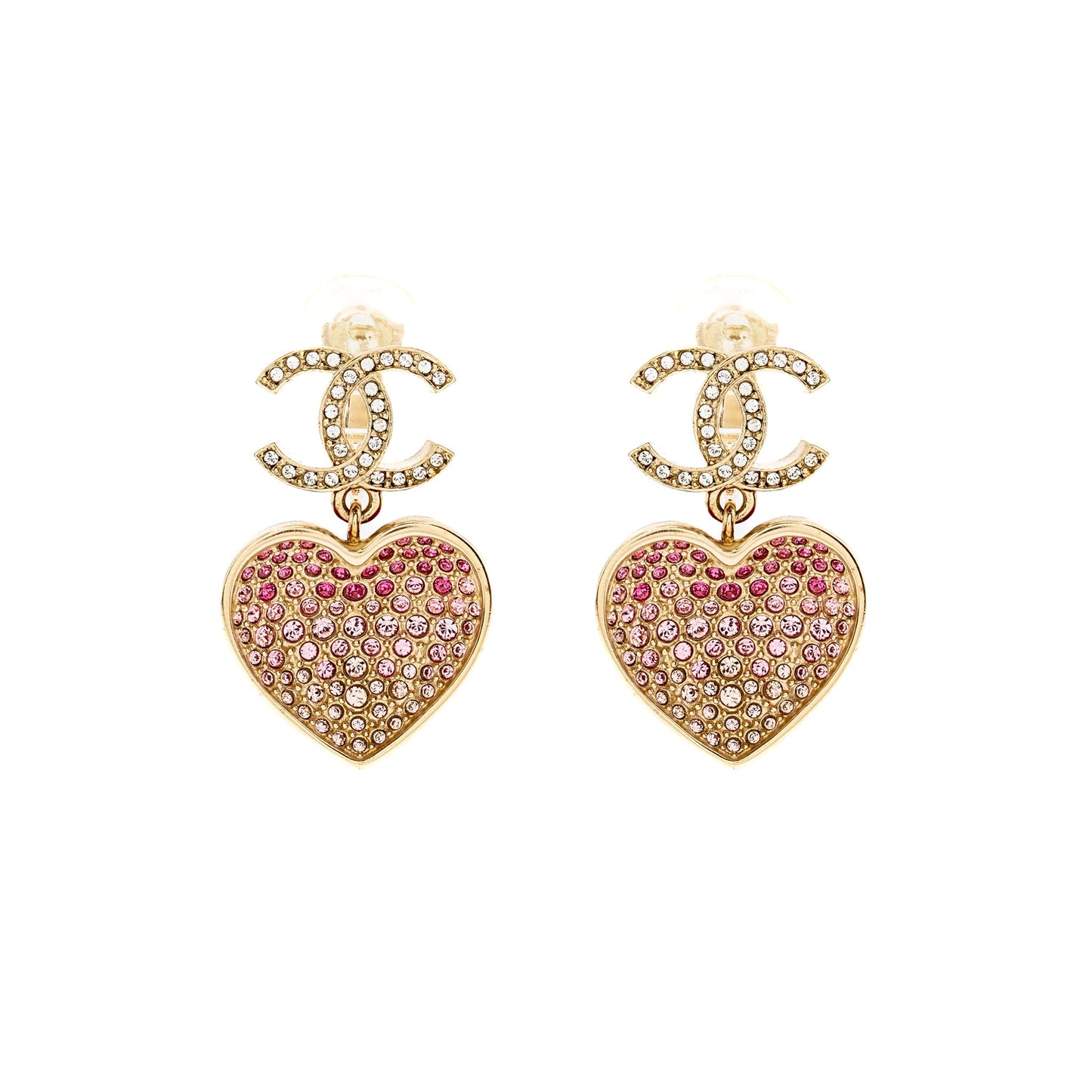 Chanel double face Pink Crystal heart dropped cc logo ear clips light gold tone