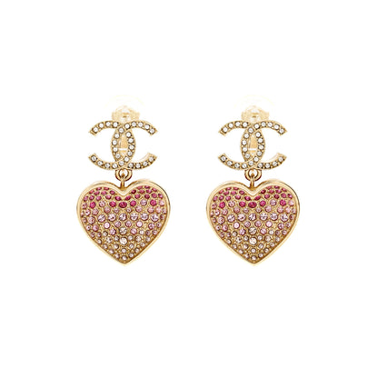 Chanel double face Pink Crystal heart dropped cc logo ear clips light gold tone