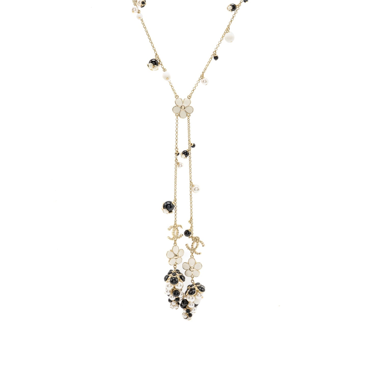 Chanel CC Camellia Grape Long Necklace Pearl/Crystal/Black Beads Light Gold Tone