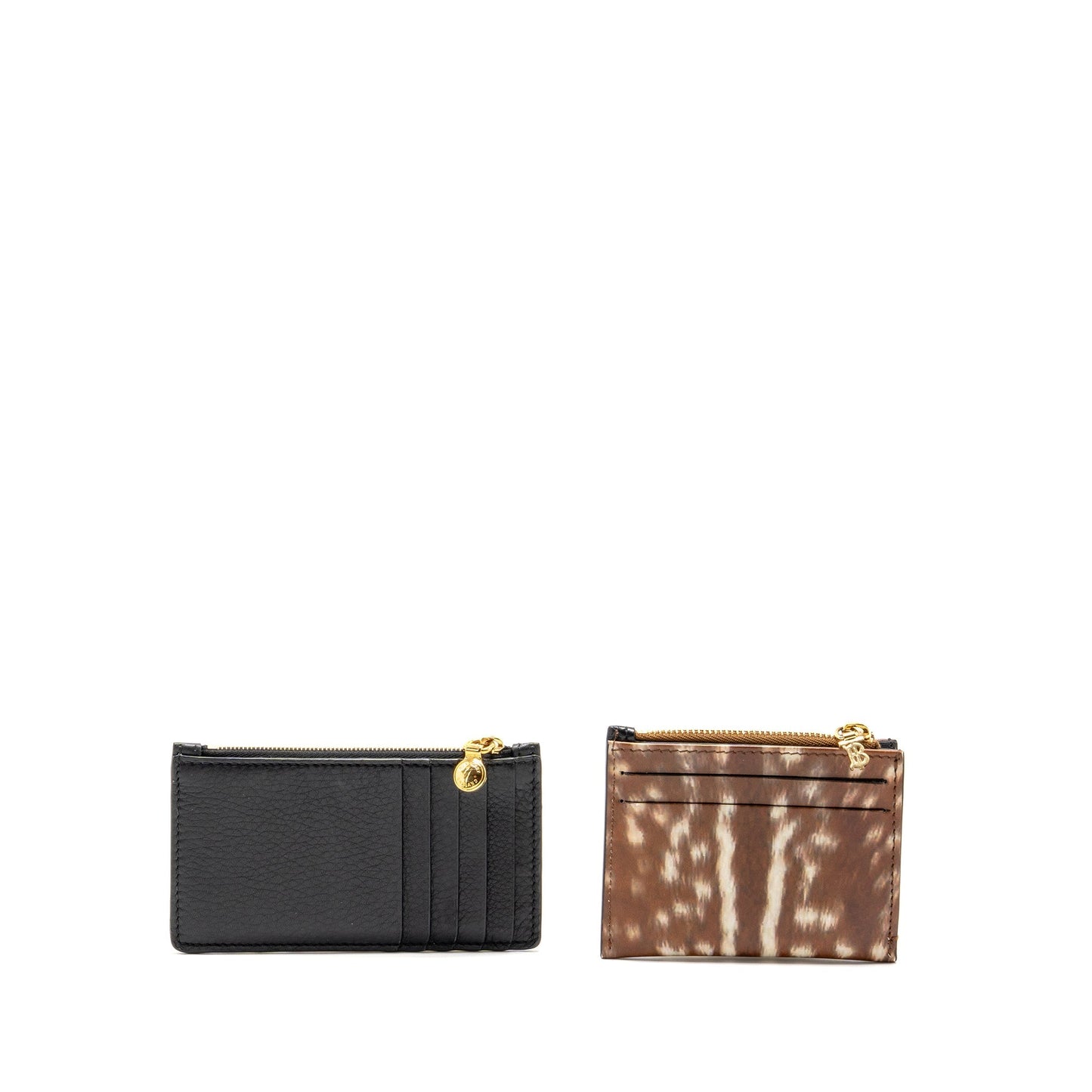 Burberry Brown Deer Print Zip Card Case, Leather Black Zip Card Holder (sell in a set)