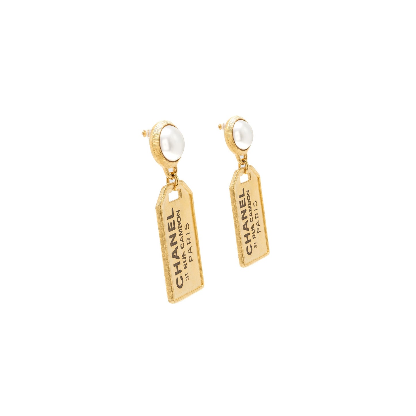 Chanel Pearl Earrings ignature Tag Drop Gold Tone