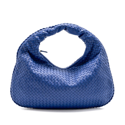 Bottega Veneta Intercciato Hobo Purse Lambskin Dark Blue